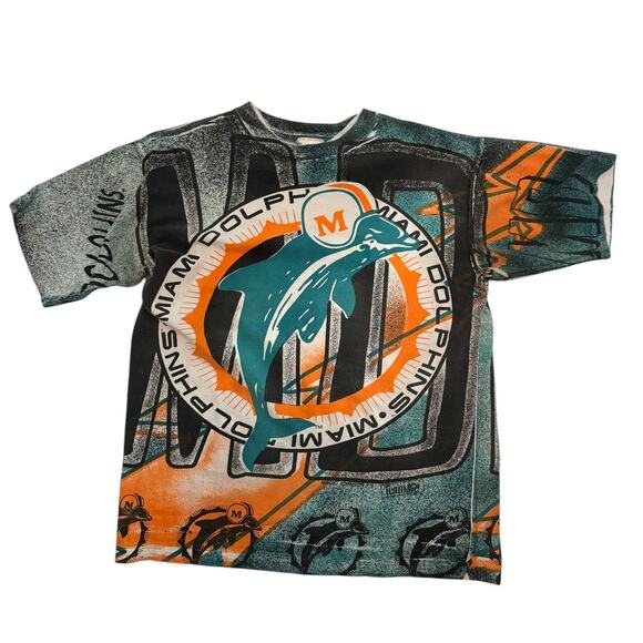 Vintage Miami Dolphins Magic Johnson All Over 2-Sided Graffiti T-Shirt Men's M‎ - Picture 1 of 4